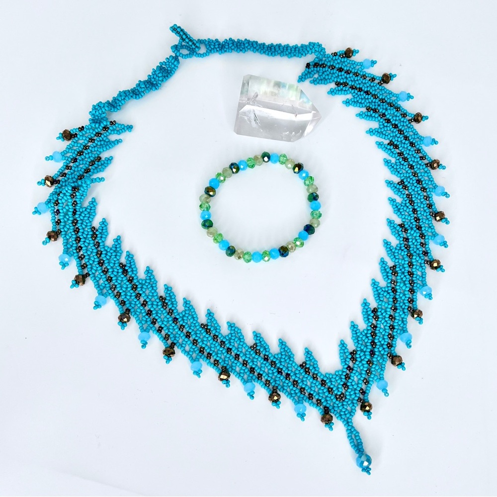 Artisan Blue+Bronze Seed Bead Statement Necklace & Coordinating Beaded Bracelet